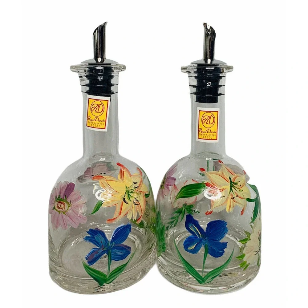 NEW Royal Danube Hand Painted Floral Crystal China Oil‎ and Vinegar Cruets 7.5